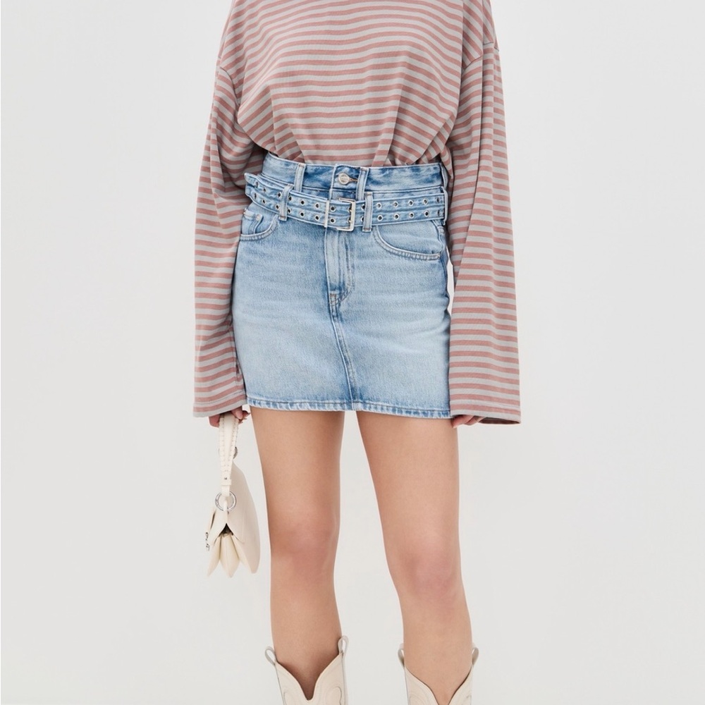 NWT Ganni Light Belted Blue Denim Mini Skirt